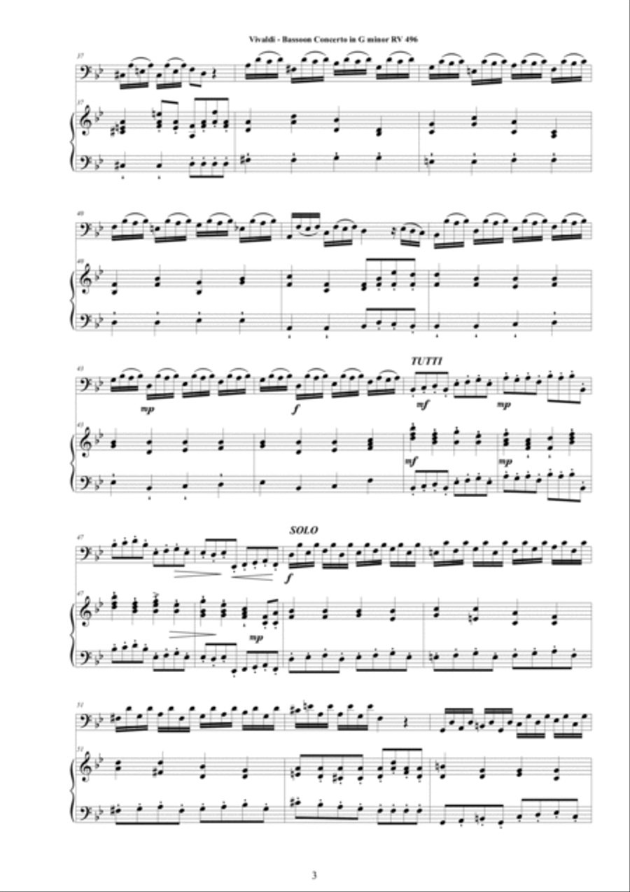 Vivaldi - Bassoon Concerto in G minor RV 496 for Bassoon and Cembalo or Piano Bassoon Solo scores gallery preview page 3