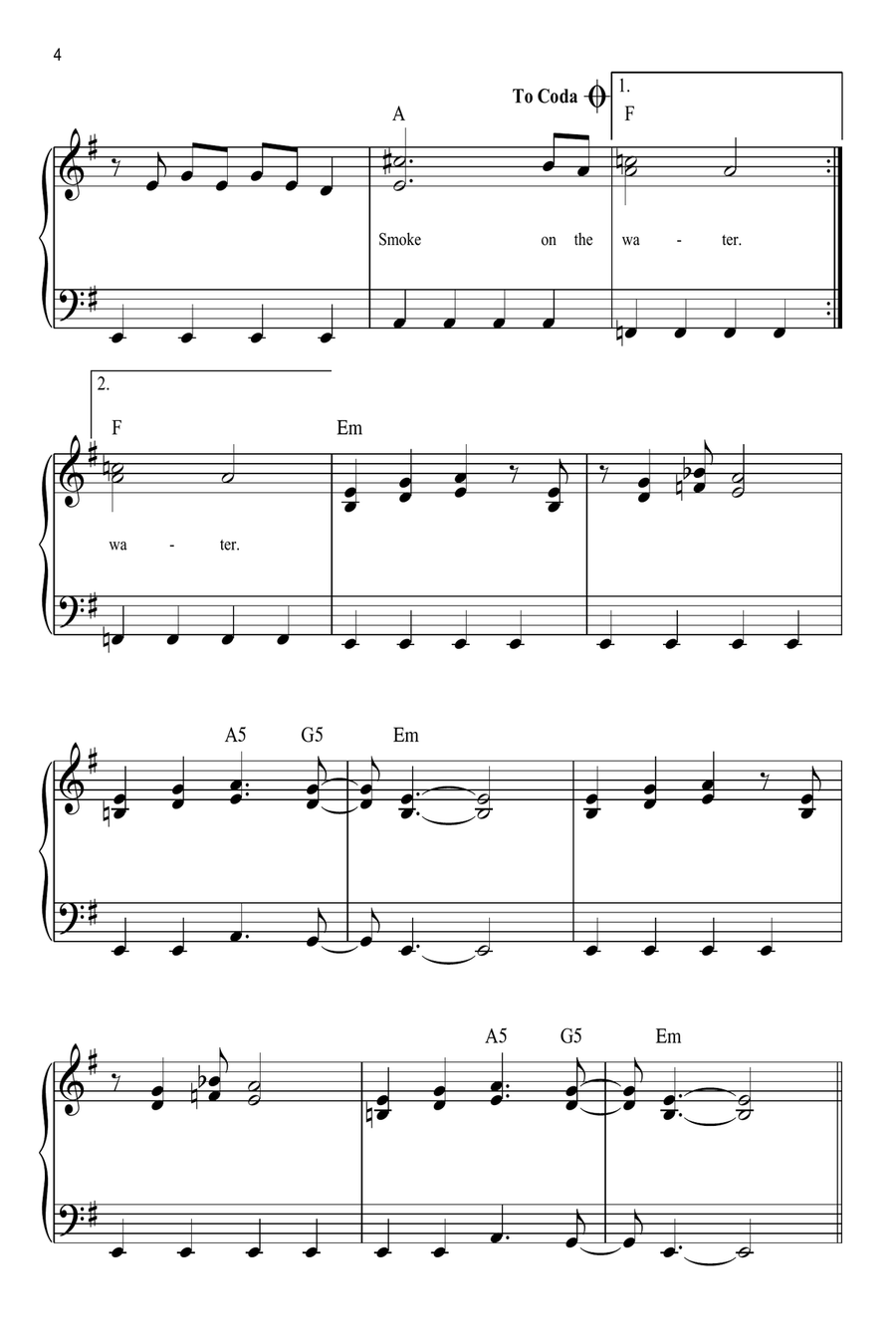 Smoke On The Water Easy Piano scores gallery preview page 4