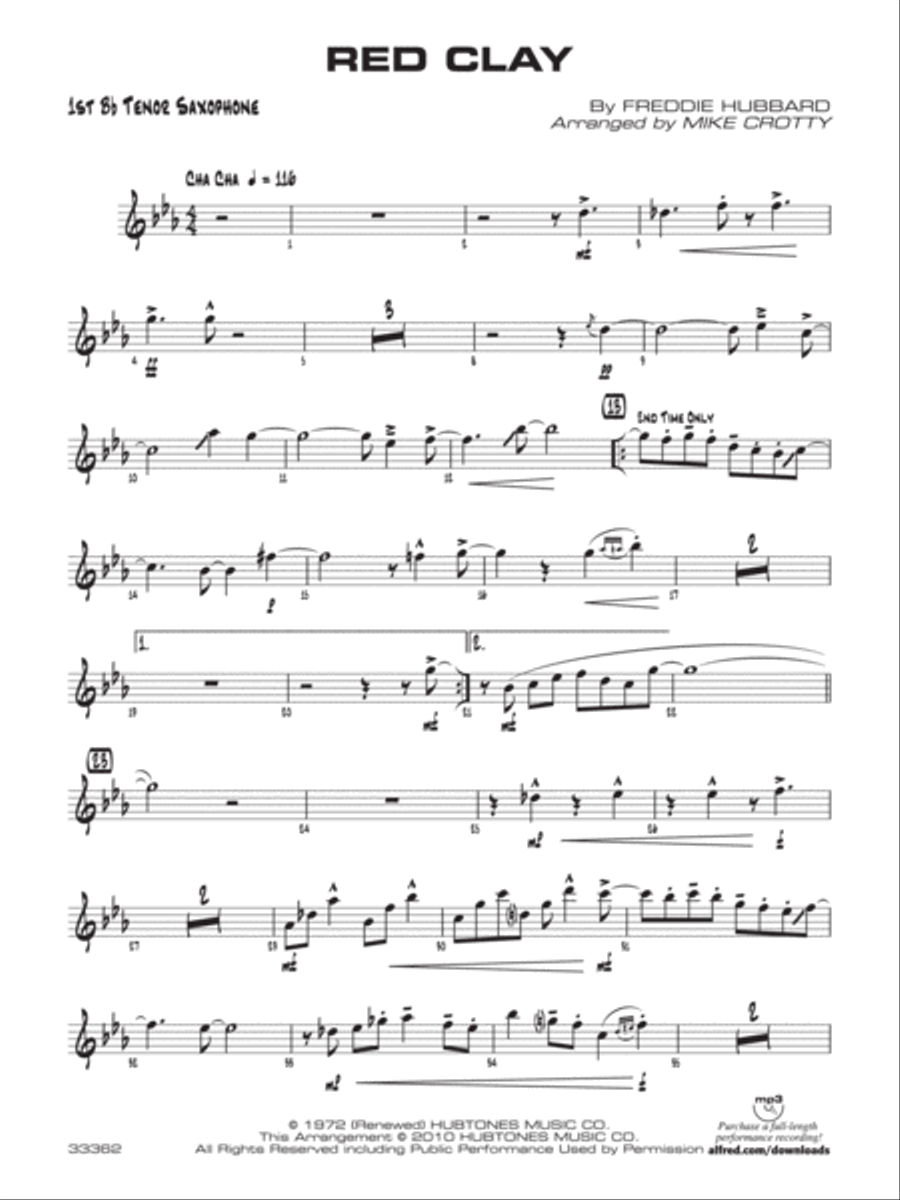 Red Clay: B-flat Tenor Saxophone Jazz Ensemble scores gallery preview page 1