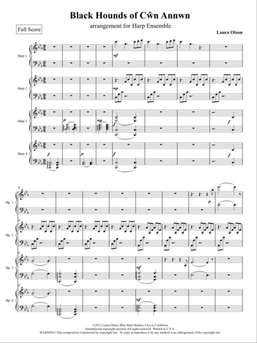 Black Hounds of Cŵn Annwn for Harp Ensemble (C minor) - Score Only Harp scores gallery preview page 2