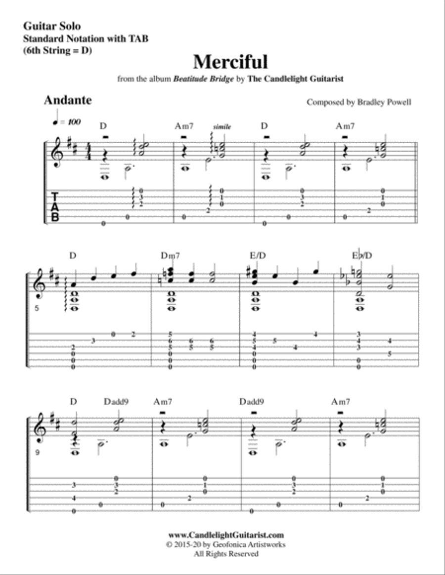 Merciful (guitar solo in standard notation with TAB) Guitar Tablature scores gallery preview page 2
