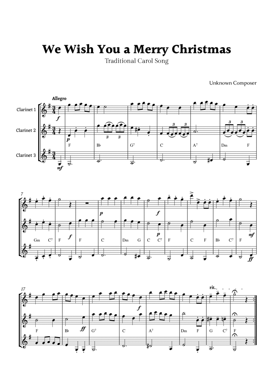 We Wish you a Merry Christmas for Clarinet Trio with Chords Clarinet Trio scores gallery preview page 1