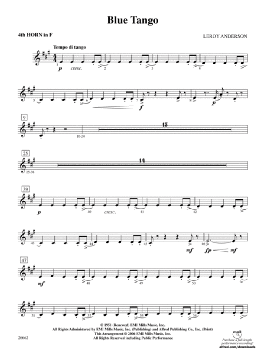 Blue Tango: 4th F Horn Blue Tango: 4th F Horn Full Orchestra scores gallery preview page 1