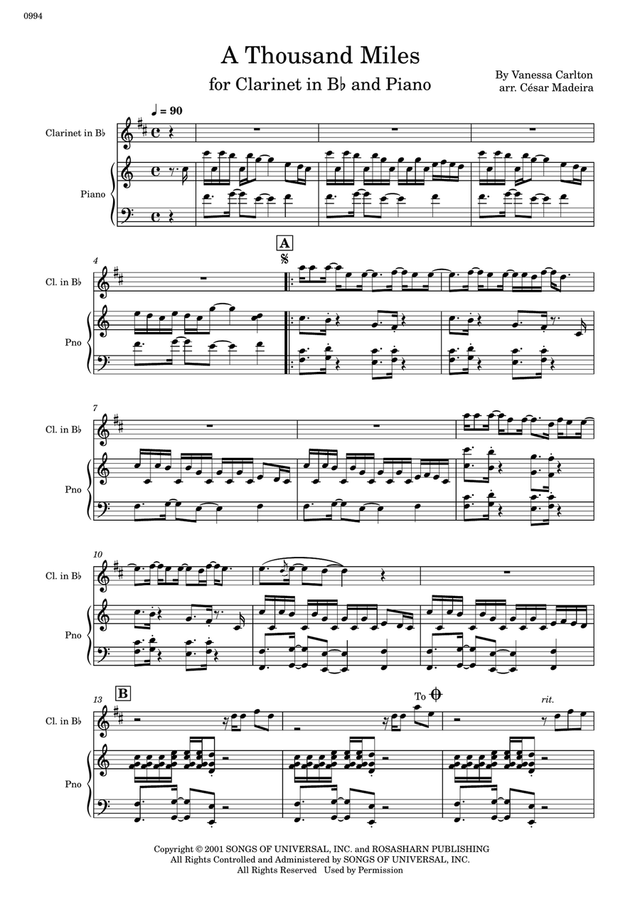 A Thousand Miles B-Flat Clarinet scores gallery preview page 2