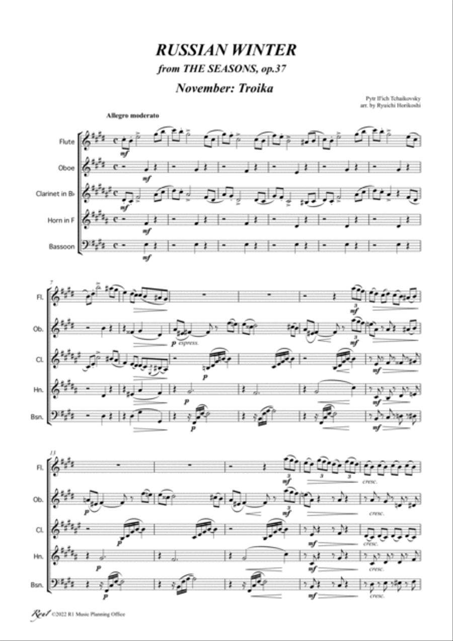 TCHAIKOVSKY：RUSSIAN WINTER for wind quintet -1.Troika 2.Christmas 3.By the Hearth 4.Carnival- Woodwind Quintet scores gallery preview page 3
