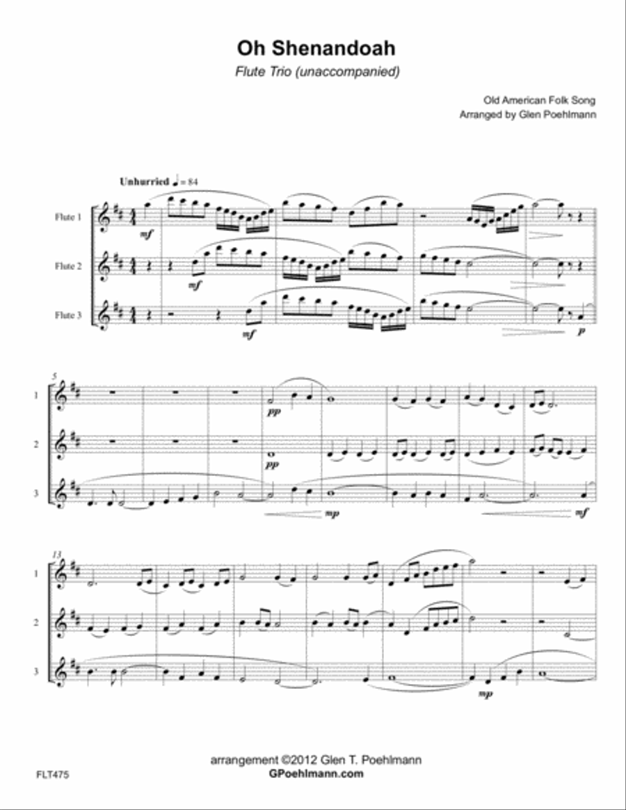 OH SHENANDOAH - FLUTE TRIO (unaccompanied) Flute Trio scores gallery preview page 1