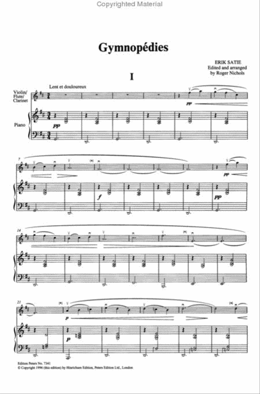 Gymnopédies (Arranged for Violin/Flute/Clarinet and Piano) Clarinet scores gallery preview page 2