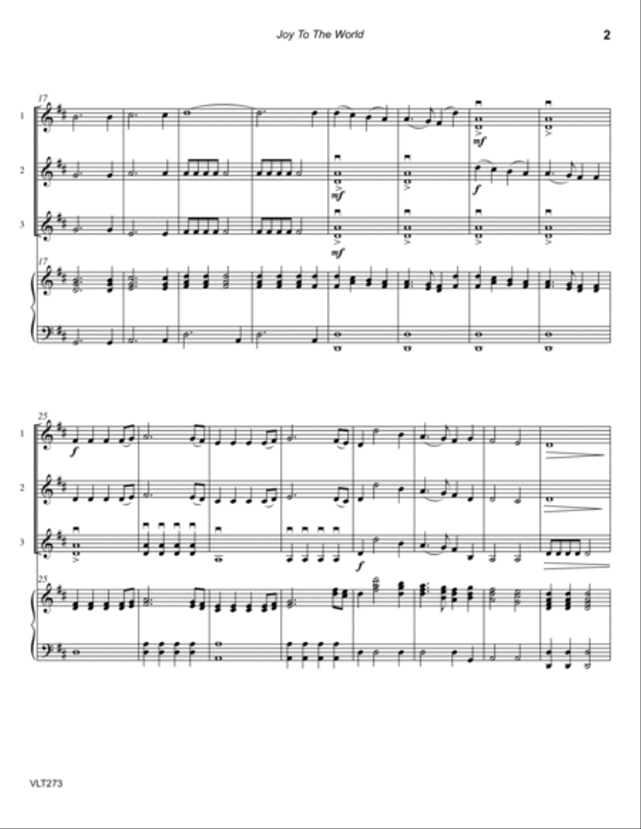 JOY TO THE WORLD - VIOLIN TRIO with optional Piano. Cello parts also included! Small Ensemble scores gallery preview page 2