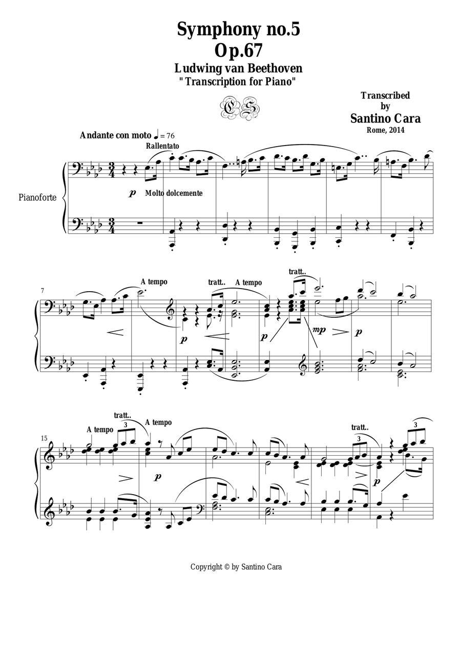 L.van Beethoven - Symphony no.5 Op.67 for piano – 2nd mov. Andante con moto Piano Solo scores gallery preview page 1