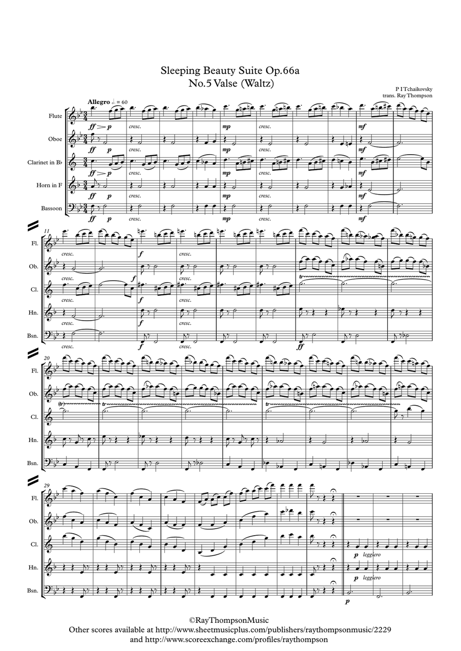 Tchaikovsky: Sleeping Beauty Suite Op.66a No.5 Valse (Waltz) - wind quintet Woodwind Quintet scores gallery preview page 1