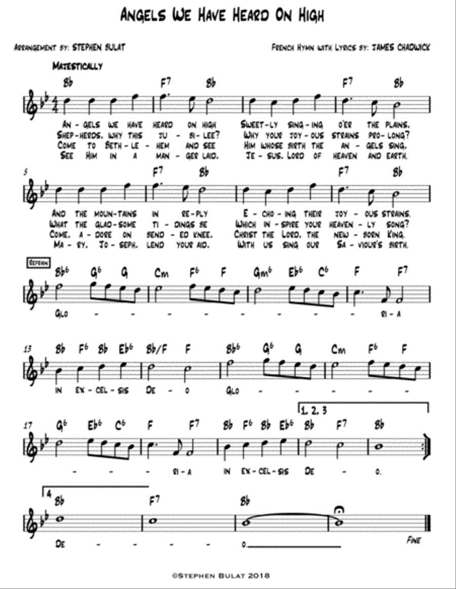Angels We Have Heard On High - Lead sheet (melody, lyrics & chords) in key of Bb Piano, Vocal, Guitar scores gallery preview page 1