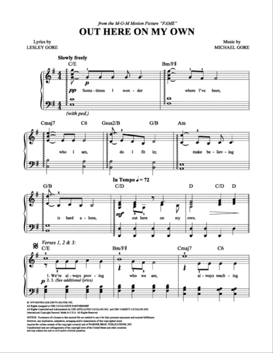 Out Here on My Own Easy Piano scores gallery preview page 1