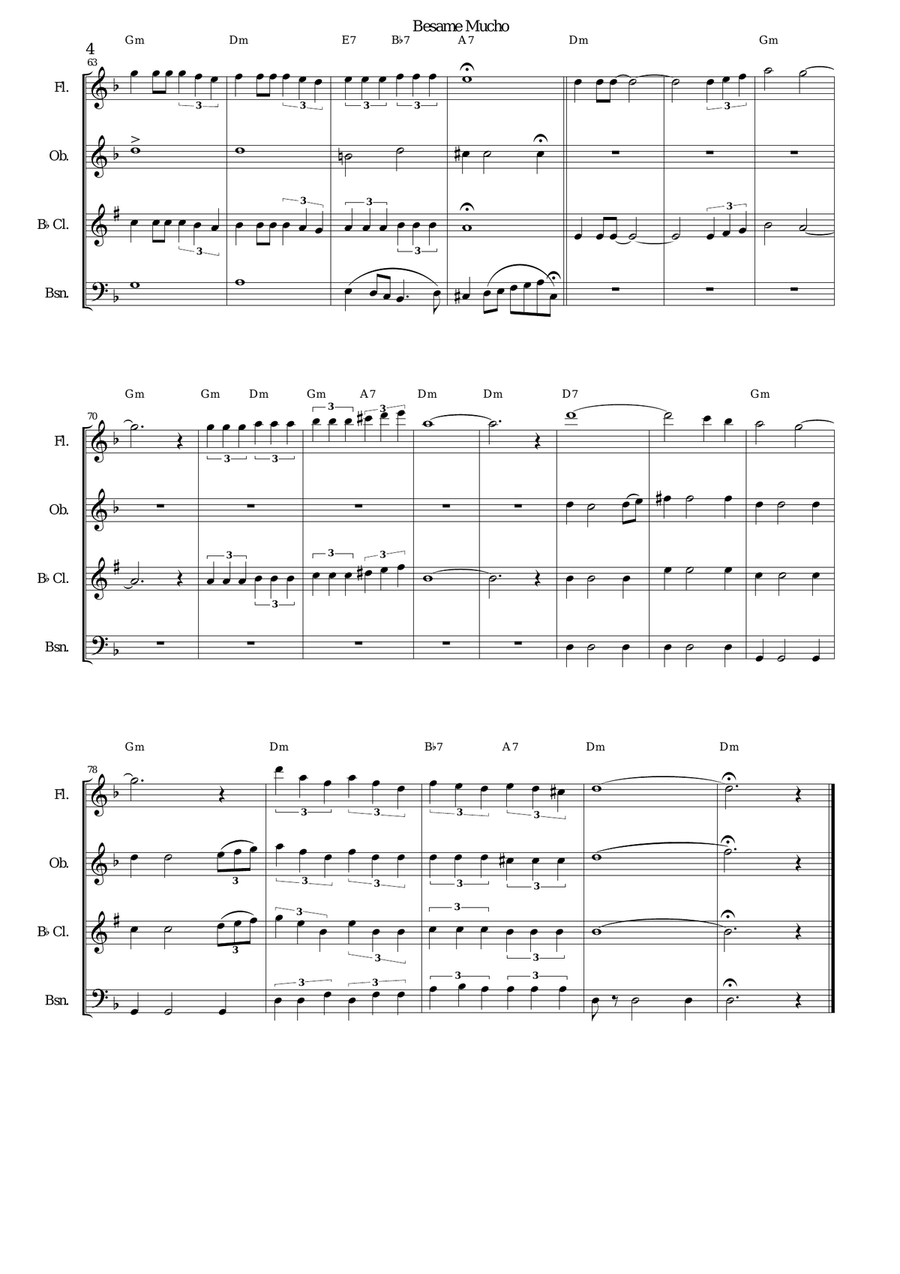 Besame Mucho (Kiss Me Much) Woodwind Quartet scores gallery preview page 4