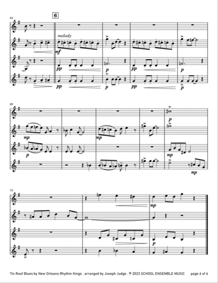 Tin Roof Blues by The Kings for Clarinet Quartet in Schools Clarinet Quartet scores gallery preview page 6