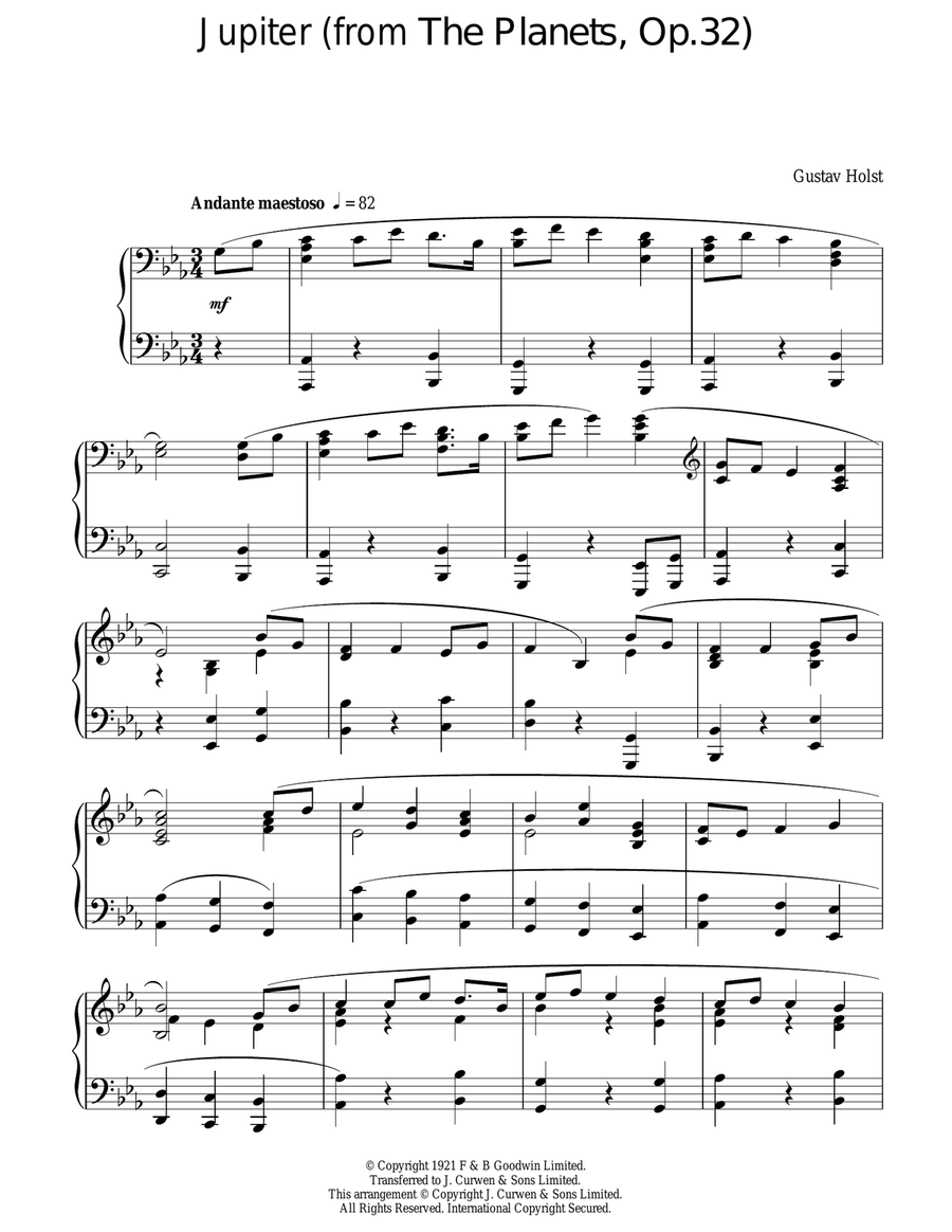 Jupiter (from The Planets Op. 32) Piano Solo scores gallery preview page 1