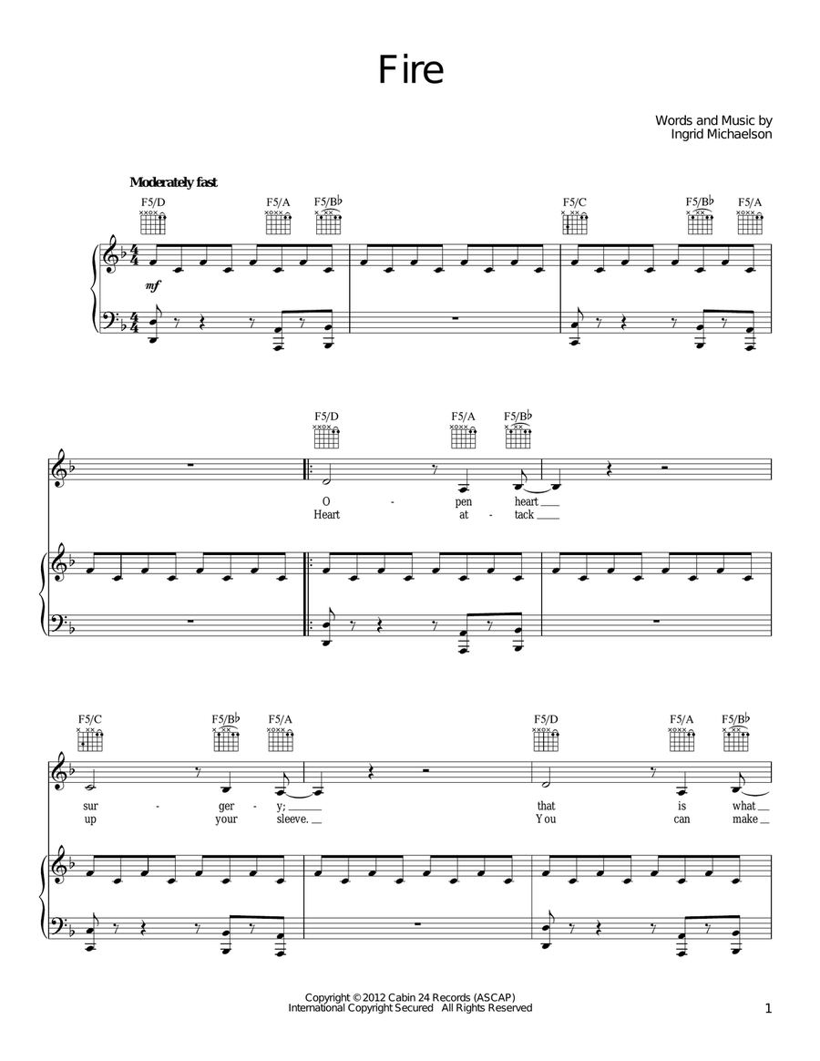 Fire Piano, Vocal, Guitar scores gallery preview page 1