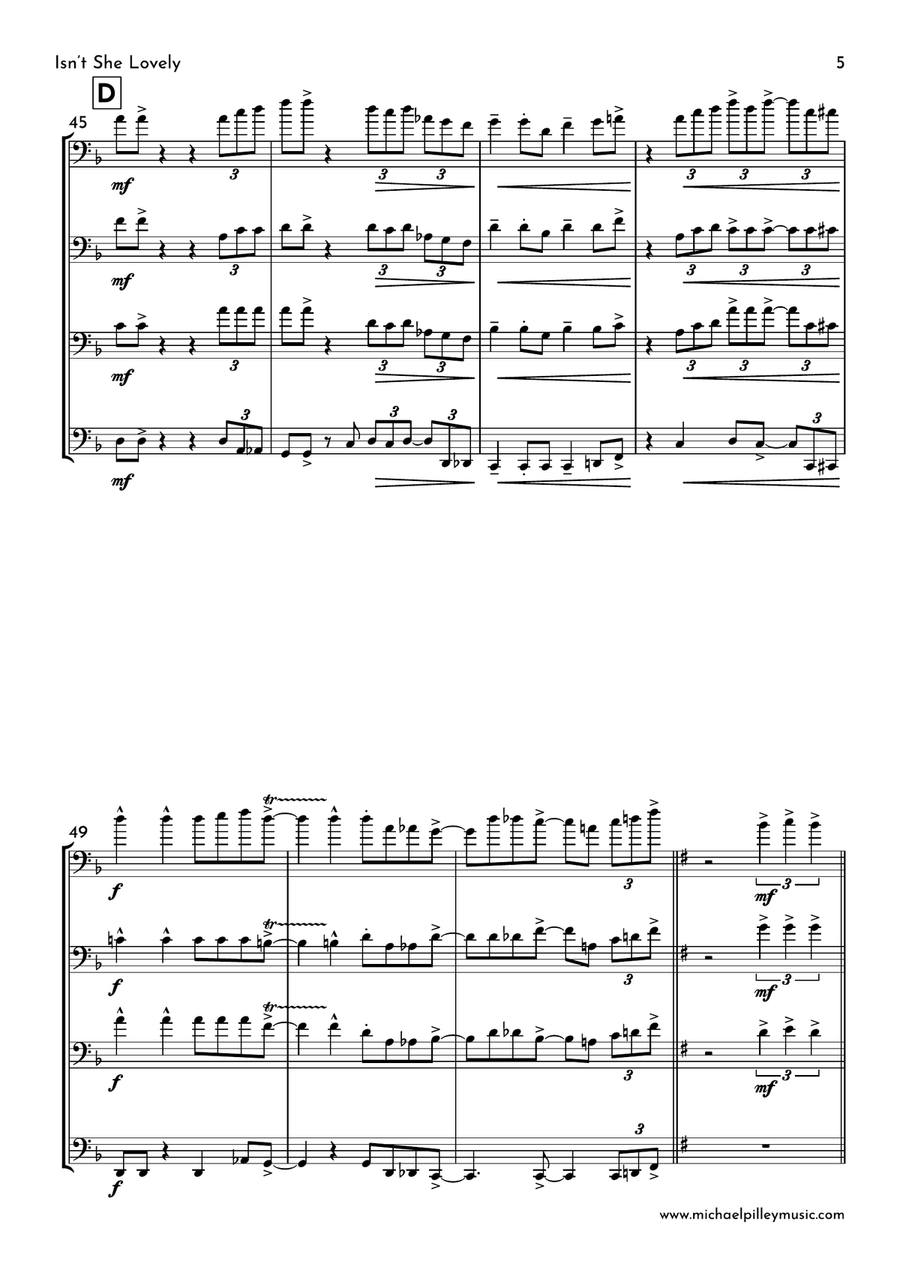 Isn't She Lovely Brass Quartet scores gallery preview page 6