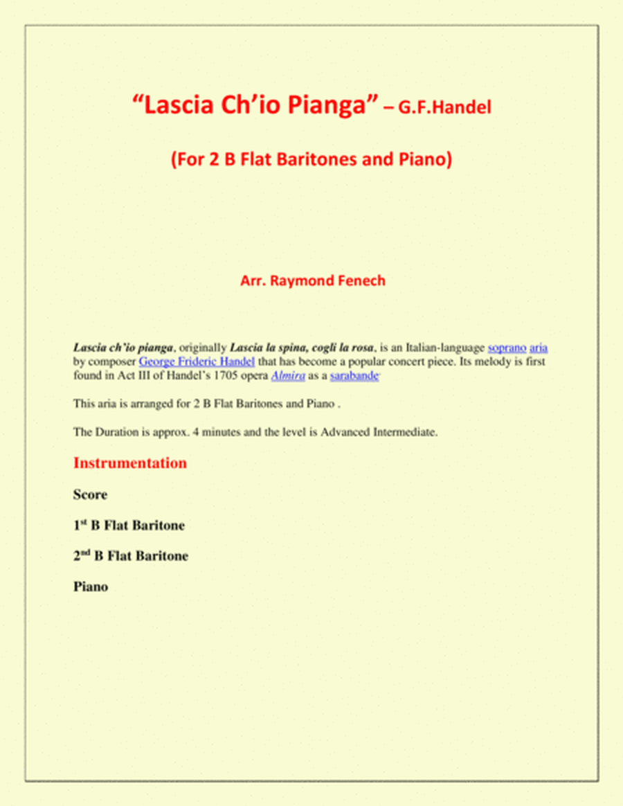 Lascia Ch'io Pianga - From Opera 'Rinaldo' - G.F. Handel ( 2 B Flat Baritones and Piano) image number null