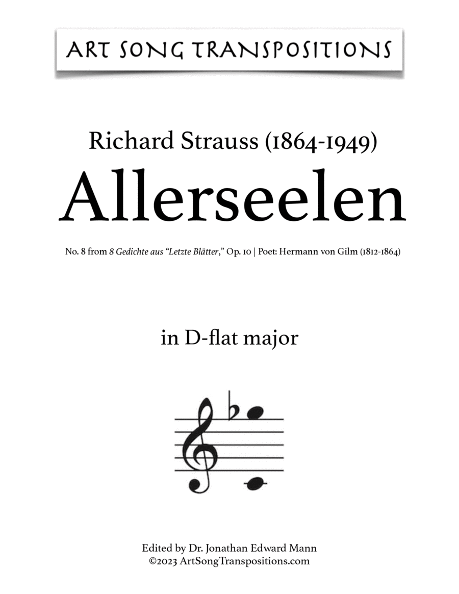 STRAUSS: Allerseelen, Op. 10 no. 8 (transposed to D-flat major) Voice scores gallery preview page 1