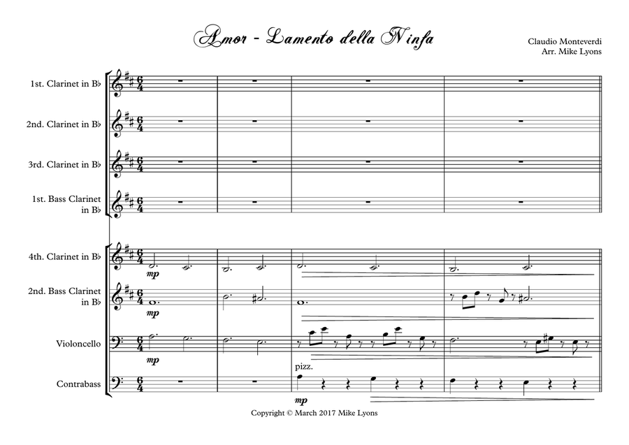 Amor - Lamento Della Ninfa (Monteverdi) (Clarinet choir w. 'Cello & CB) Clarinet Choir scores gallery preview page 3