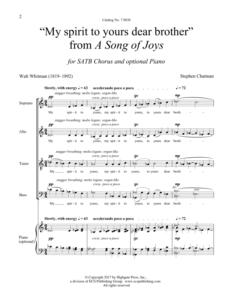 A Song of Joys: My spirit to yours dear brother 4-Part scores gallery preview page 1