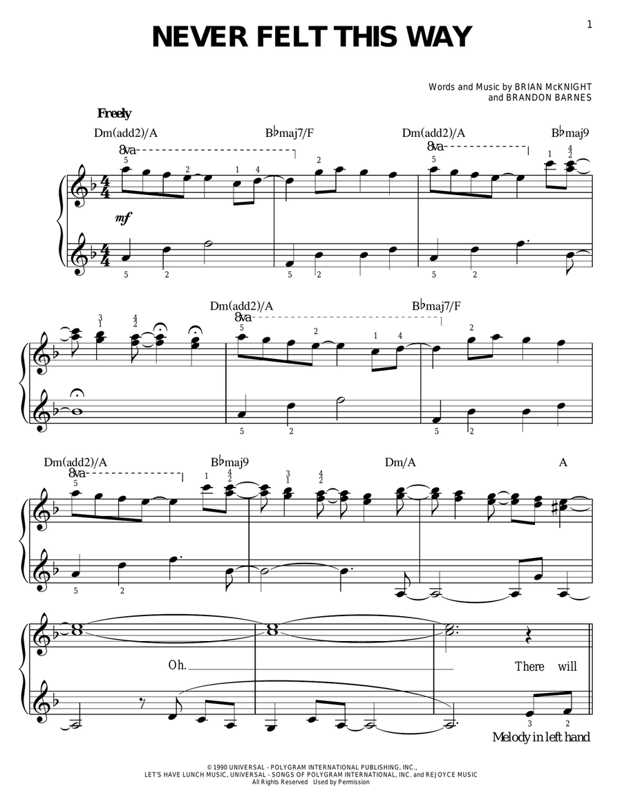 Never Felt This Way Easy Piano scores gallery preview page 1