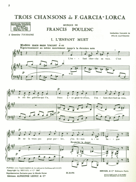 3 Chansons De Federico Garcia Lorca (med) (voice & Piano)