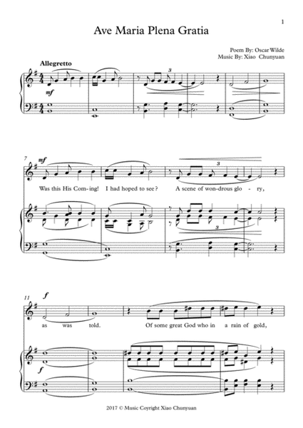 Ave Maria Plena Gratia, In G Major, For Alto Solo Or Bass Solo With Piano
