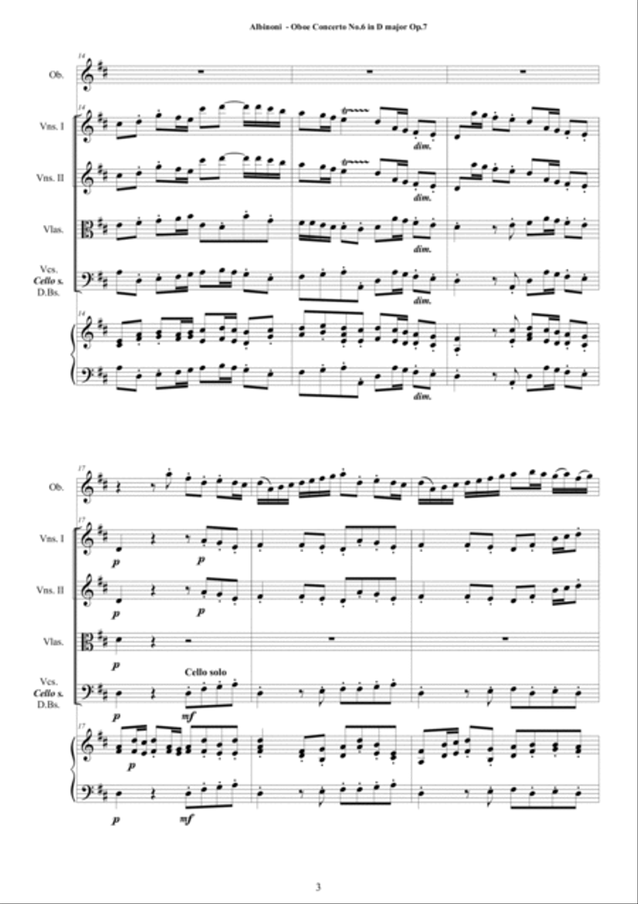 Albinoni - Oboe Concerto No.6 in D major Op.7 for Oboe, Strings and Cembalo Chamber Orchestra scores gallery preview page 3