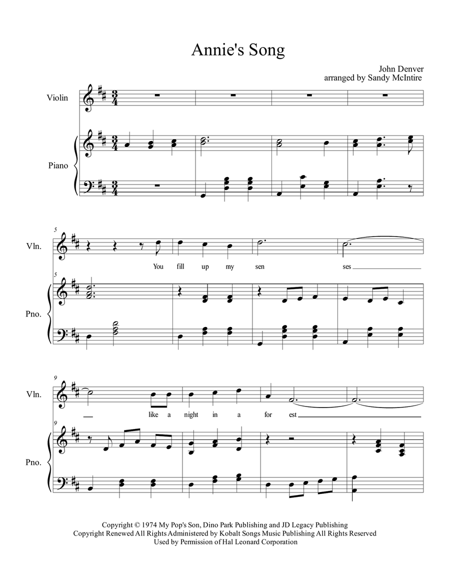 Annie's Song Violin Solo scores gallery preview page 1