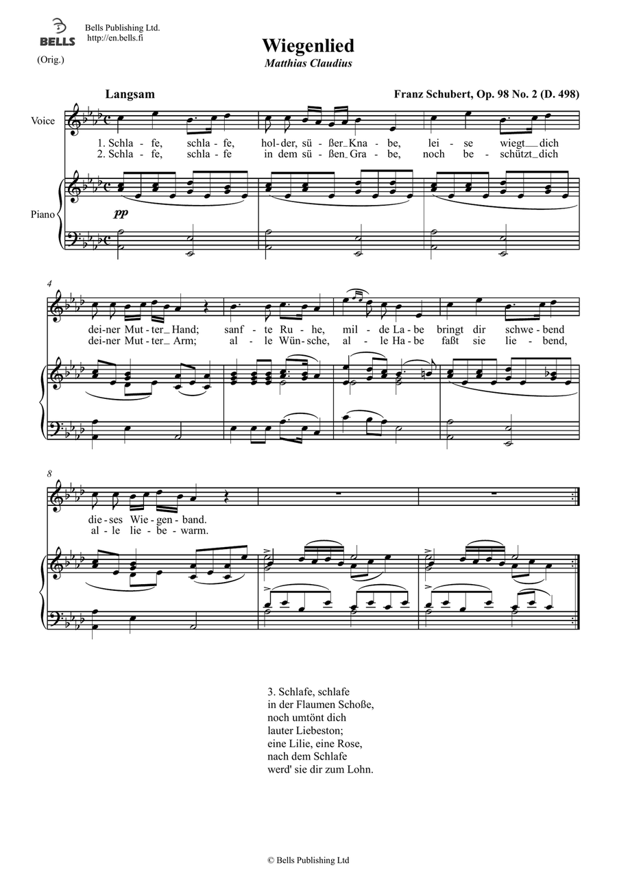 Wiegenlied, Op. 98 No. 2 (D. 498) (Original key. A-flat Major)