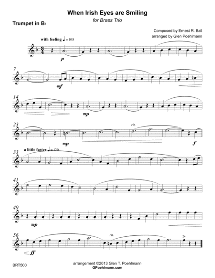 WHEN IRISH EYES ARE SMILING arranged for BRASS TRIO (unaccompanied) Brass Trio scores gallery preview page 3