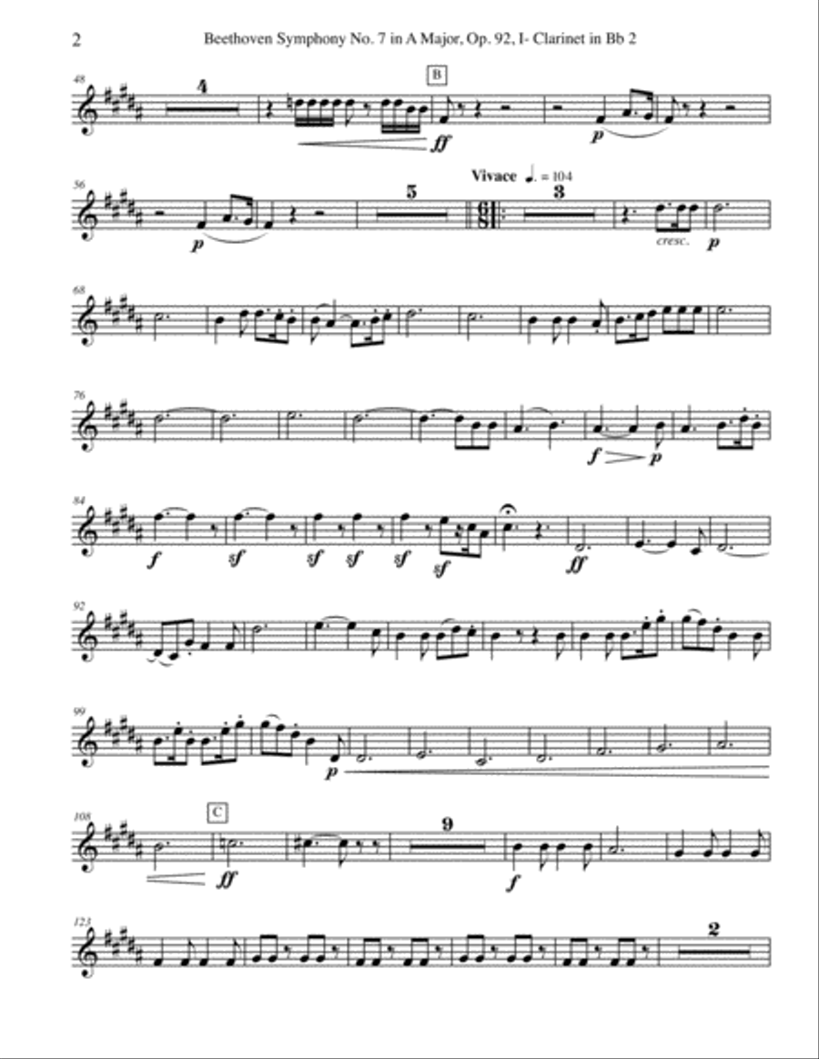 Beethoven Symphony No. 7, Movement I - Clarinet in Bb 2 (Transposed Part), Op. 92 B-Flat Clarinet scores gallery preview page 2