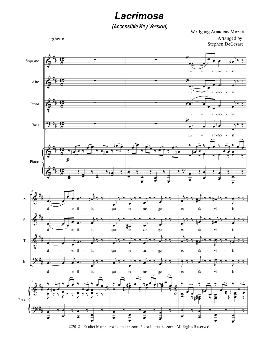Lacrimosa (SATB) (Accessible Key Version) 4-Part scores gallery preview page 1
