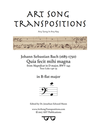 Book cover for BACH: Quia fecit mihi magna, BWV 243 (transposed to B-flat major)