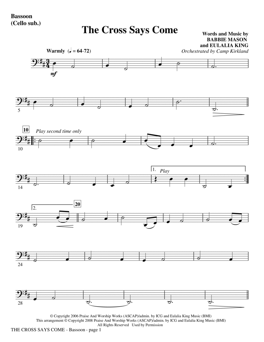The Cross Says Come - Bassoon (Cello Sub) Choir scores gallery preview page 1
