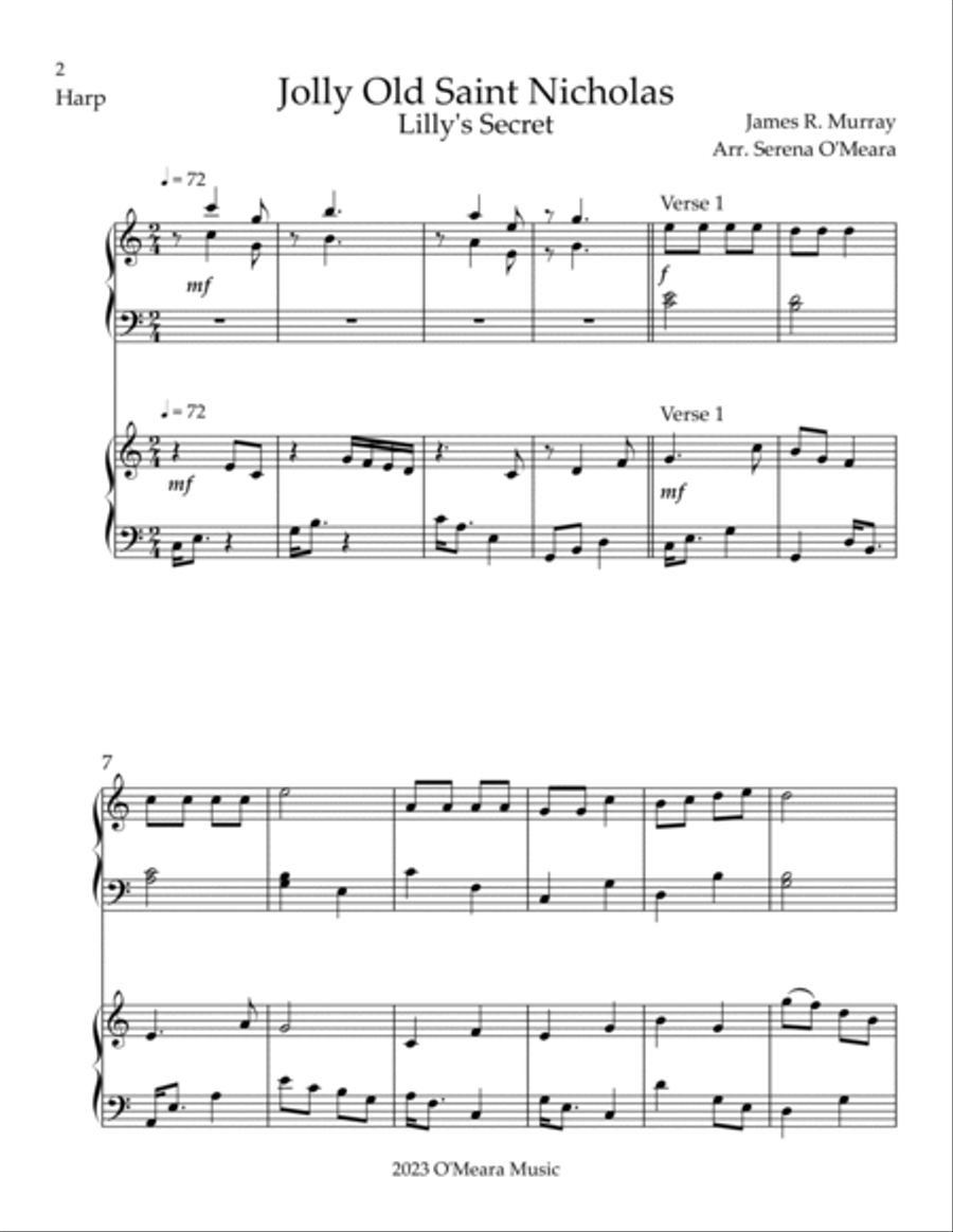 Jolly Old Saint Nicholas, Harp Duet Pedal Harp scores gallery preview page 2