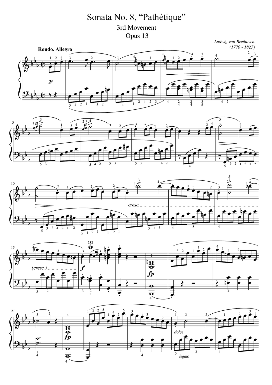 Beethoven - Piano Sonata No. 8, “Pathétique”, 3rd Movement Op.13 - Original With Fingered Piano Solo scores gallery preview page 1