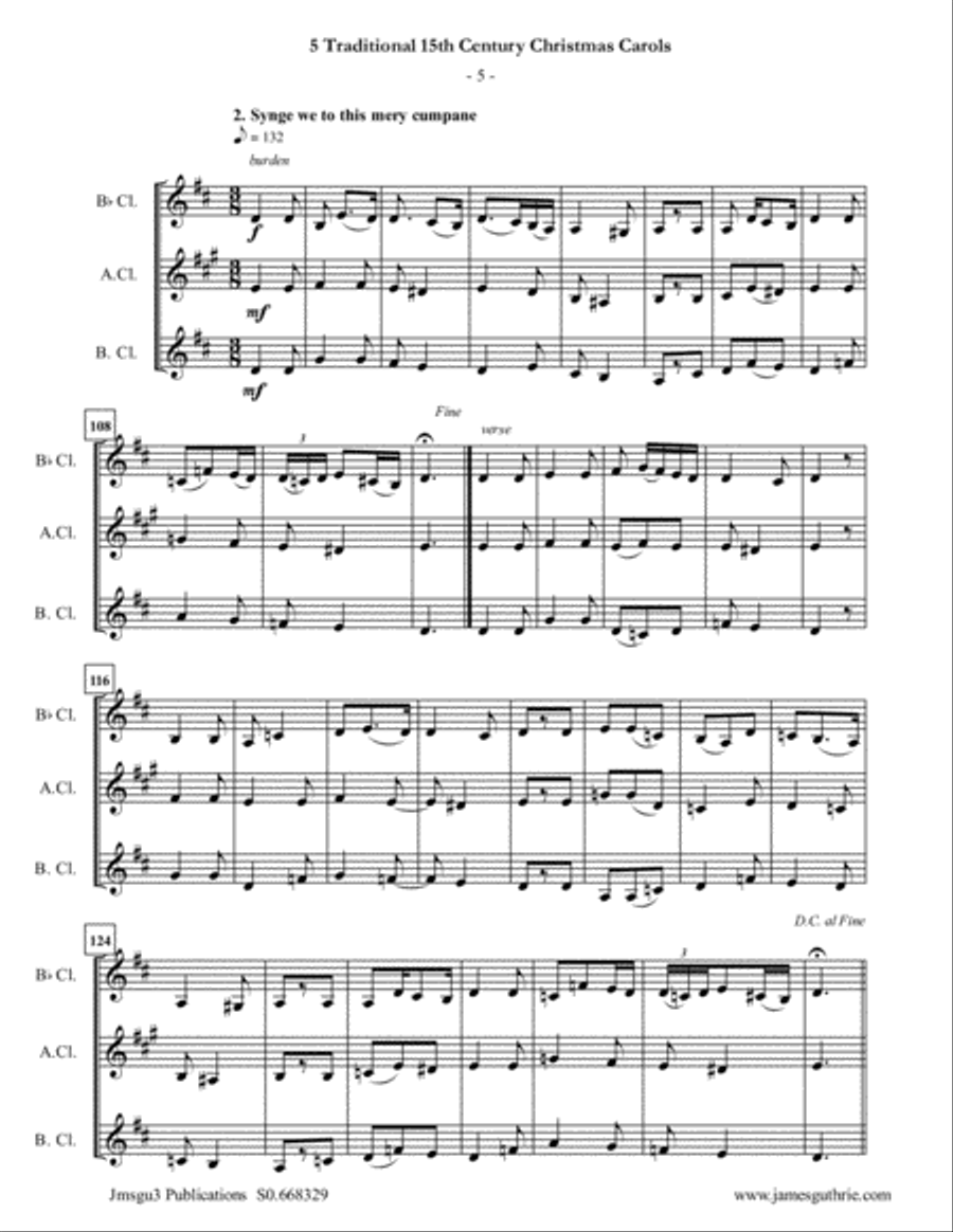 5 Traditional 15th Century Christmas Carols for Clarinet Trio Clarinet Trio scores gallery preview page 5