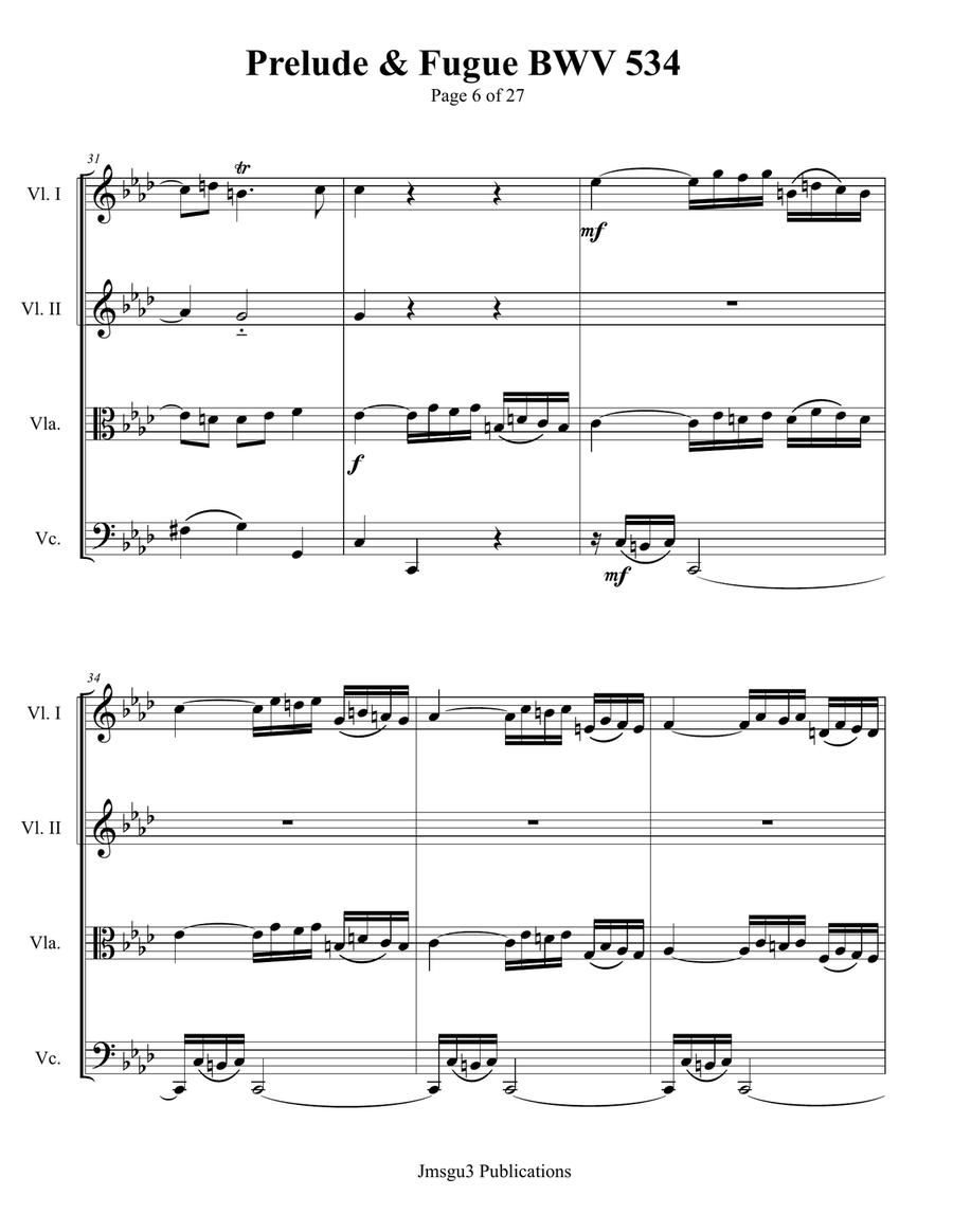 Bach: Prelude & Fugue in F Minor BWV 534 for String Quartet String Quartet scores gallery preview page 6