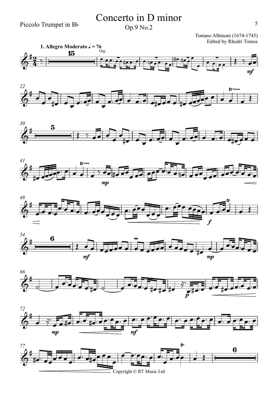 Albinoni - Concerto in D minor Op.9 No.2 - solo parts C Trumpet scores gallery preview page 5