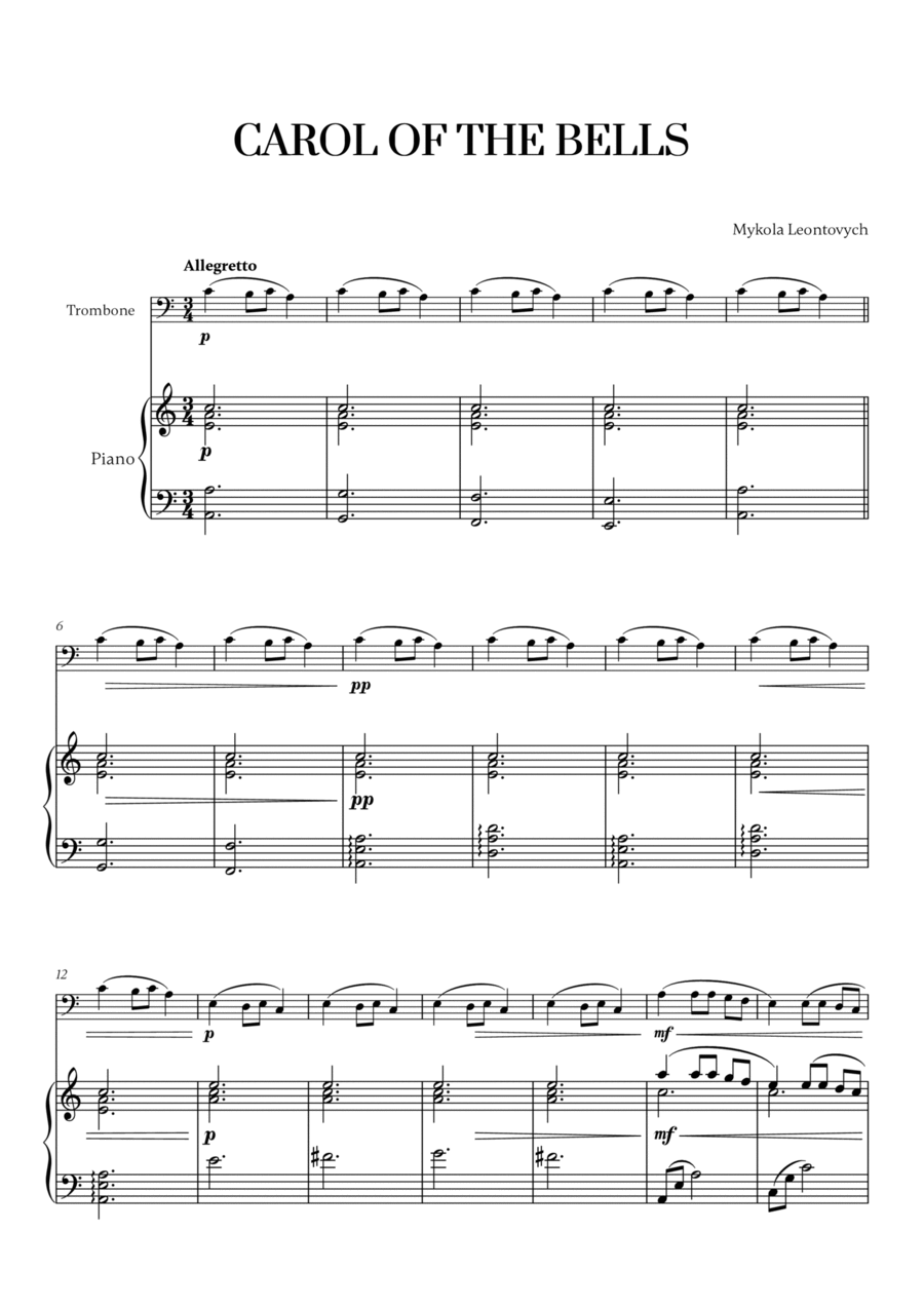 Carol of the Bells (Very Easy/Beginner) - A minor (for Trombone and Piano) image number null