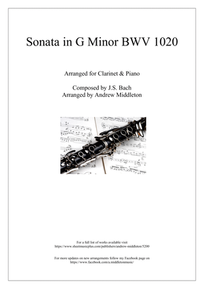 Book cover for Sonata in G Minor BWV 1020, First Movement, arranged for Clarinet in B flat & Piano
