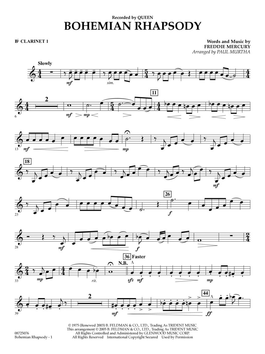 Bohemian Rhapsody (arr. Paul Murtha) - Bb Clarinet 1