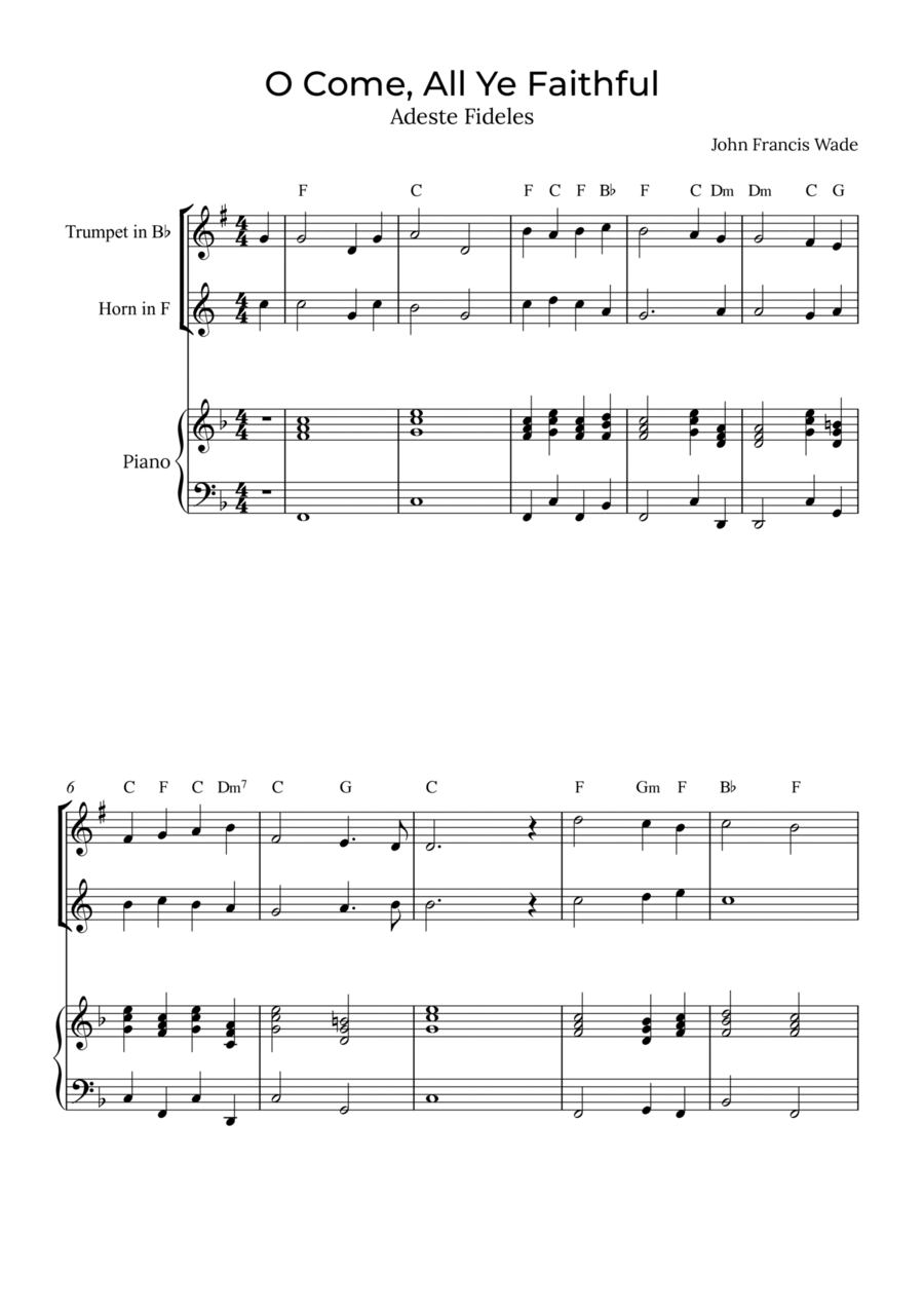 O Come, All Ye Faithful - Trumpet and horn with piano and chords Brass Duet scores gallery preview page 1