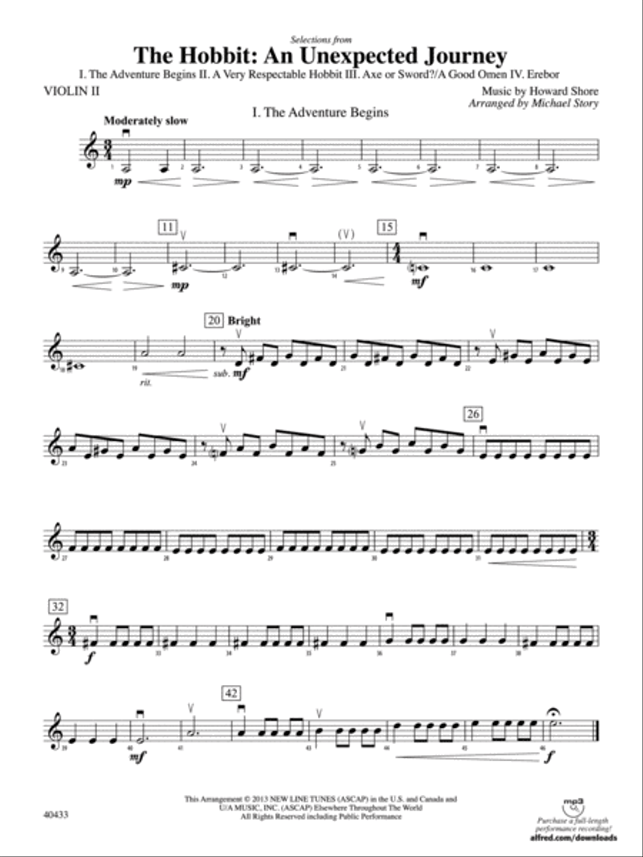 The Hobbit: An Unexpected Journey, Selections from: 2nd Violin String Orchestra scores gallery preview page 1