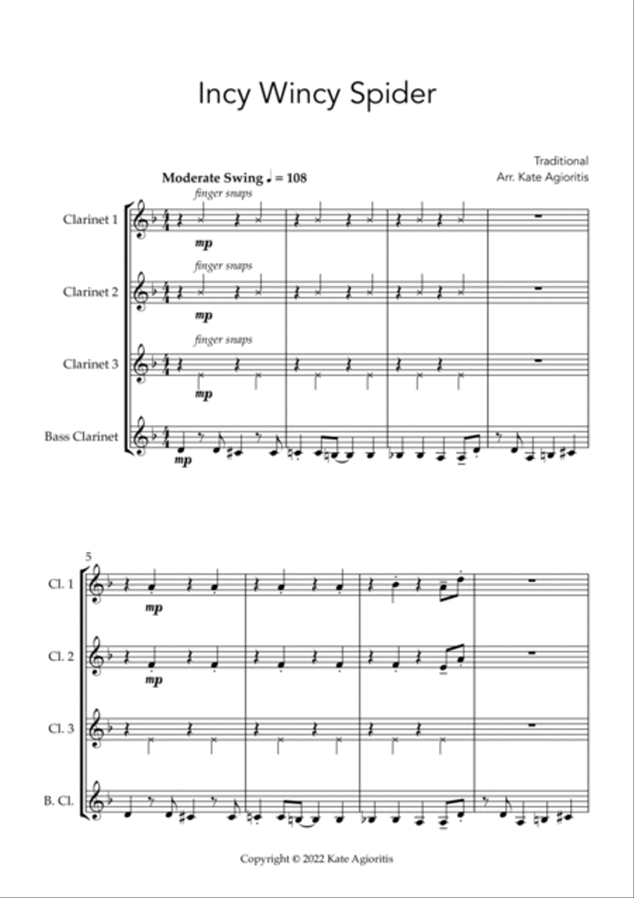 Incy Wincy Spider (Itsy Bitsy Spider) - Jazz Arrangement for Clarinet Quartet Clarinet Quartet scores gallery preview page 3