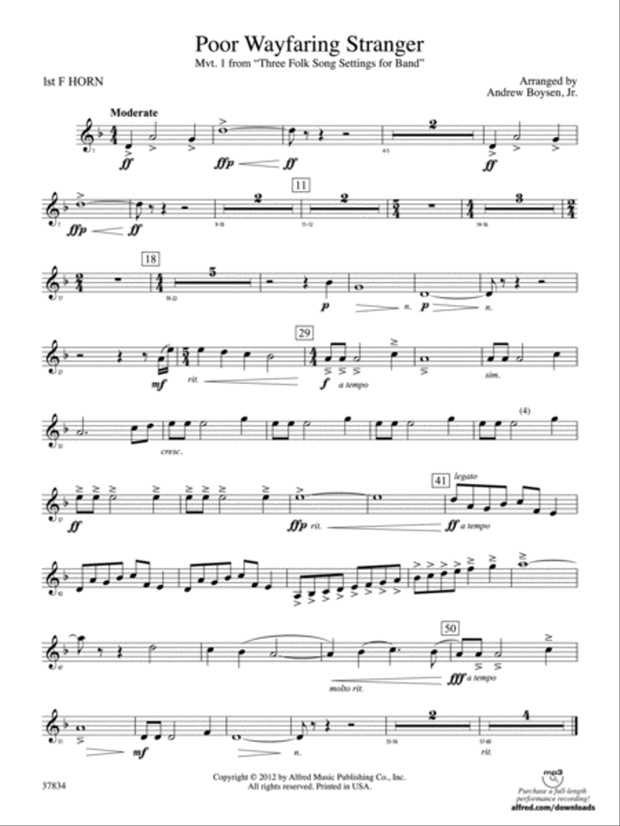 Poor Wayfaring Stranger: 1st F Horn Concert Band scores gallery preview page 1