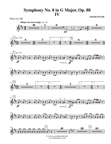 Dvorak Symphony No. 8, Movement IV - Horn in F 3 (Transposed Part), Op. 88