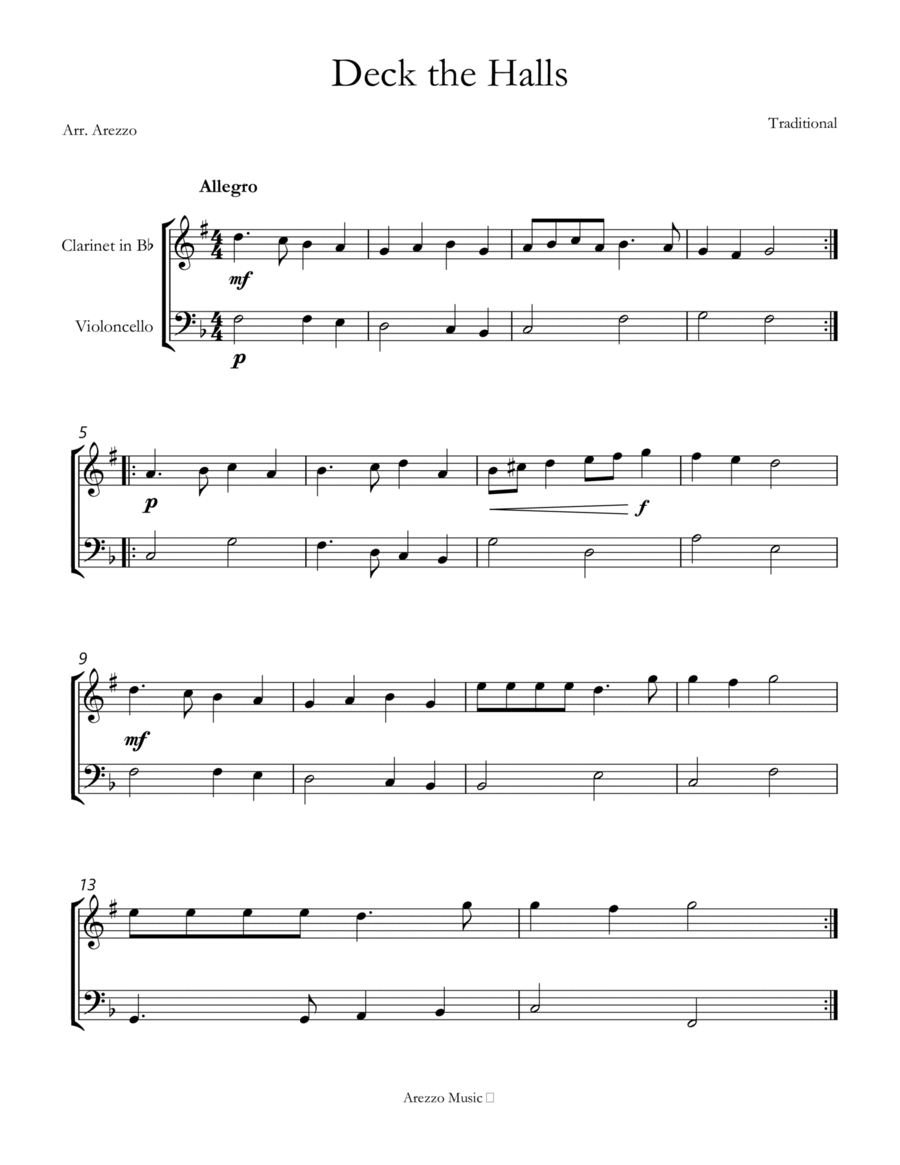 deck the halls sheet music arrangement for Clarinet and Cello image number null